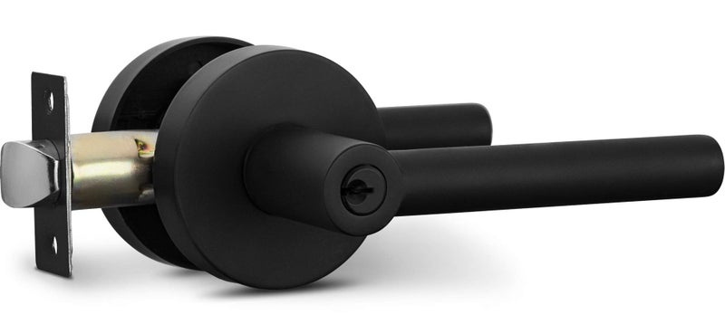 Berlin Modisch Entry Lever Door Handle and Single Cylinder Deadbolt Lock and Key Sleek Round Locking Lever Handle Set [Front Door or Office] Right & Left Sided Doors Heavy Duty – Iron Black Finish - Image 3