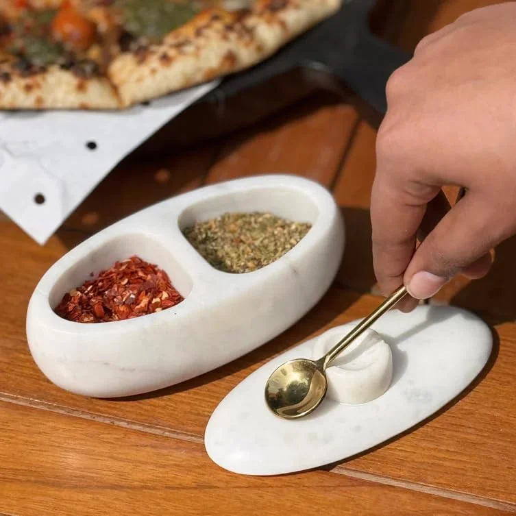 Muun Home MUUN HOME Twin Marble Table Top Server for Condiments and Dips - White Marble