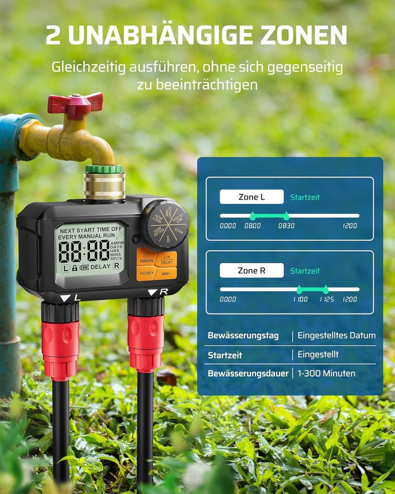 DEWENWILS Irrigation Computer 2 Outputs, Programmable Irrigation Control with Brass Inlet, Rain Delay, Manual/Automatic Watering Timer, LED Display, for Garden, Balcony, Patio - Image 2