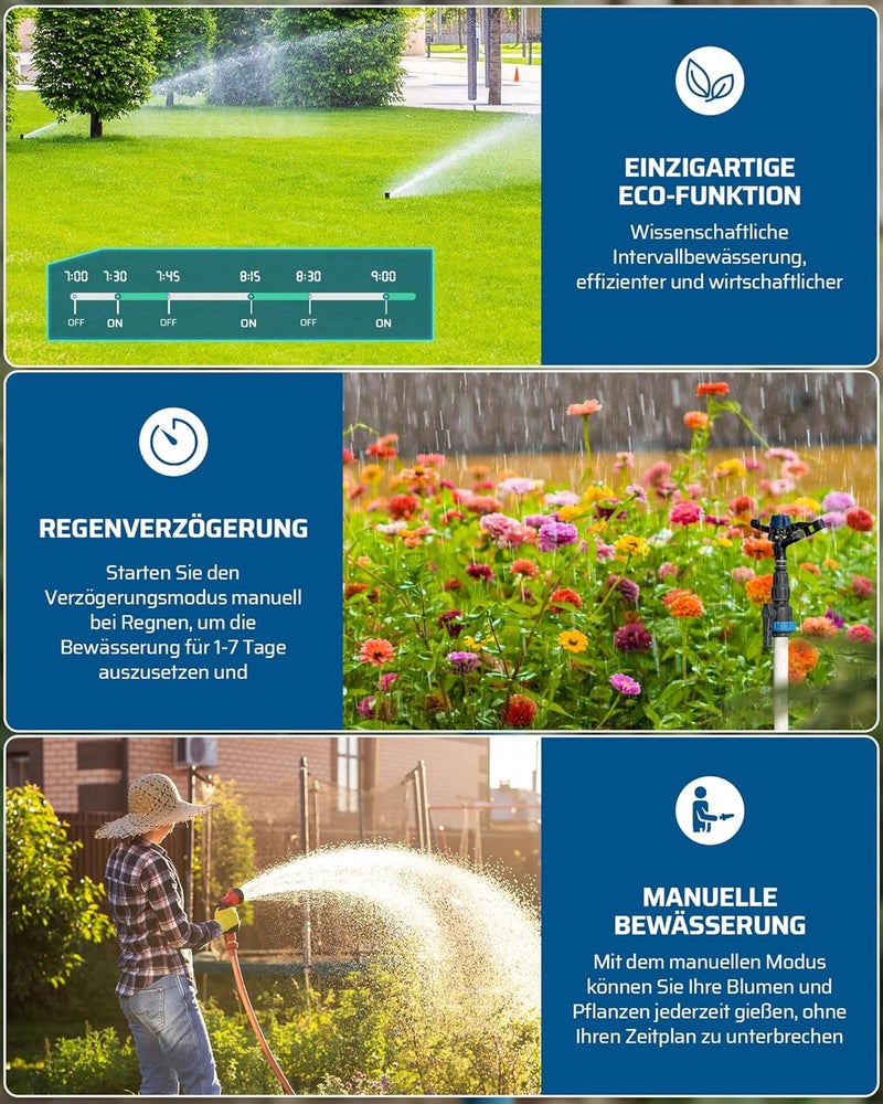 DEWENWILS Irrigation Computer 2 Outputs, Programmable Irrigation Control with Brass Inlet, Rain Delay, Manual/Automatic Watering Timer, LED Display, for Garden, Balcony, Patio - Image 3
