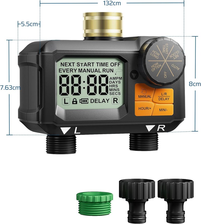 DEWENWILS Irrigation Computer 2 Outputs, Programmable Irrigation Control with Brass Inlet, Rain Delay, Manual/Automatic Watering Timer, LED Display, for Garden, Balcony, Patio - Image 4