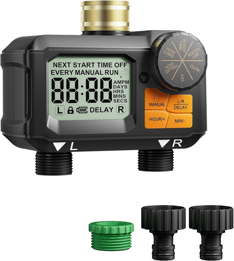 DEWENWILS Irrigation Computer 2 Outputs, Programmable Irrigation Control with Brass Inlet, Rain Delay, Manual/Automatic Watering Timer, LED Display, for Garden, Balcony, Patio - Image 1