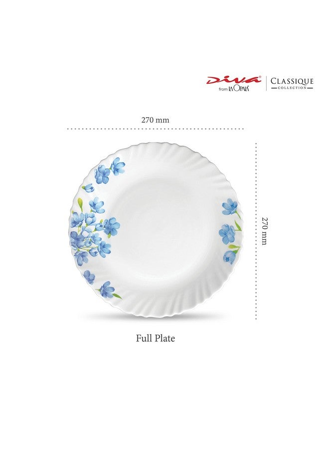 La Opala Diva Classique Collection Opal Glass Crockery | Full Plate Set of 6 | Aster Blue Design | for Dining & Gifting | Microwave Safe | 100% Vegetarian | Extra Strong | Super Light & White - Image 2