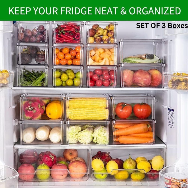 HouseWarming Fridge Storage Boxes Set of 3 Fridge Storage Containers Stackable BPA Safe Container for Kitchen Storage Set Kitchen Storage Organizer Vegetable Storage Box - Image 3