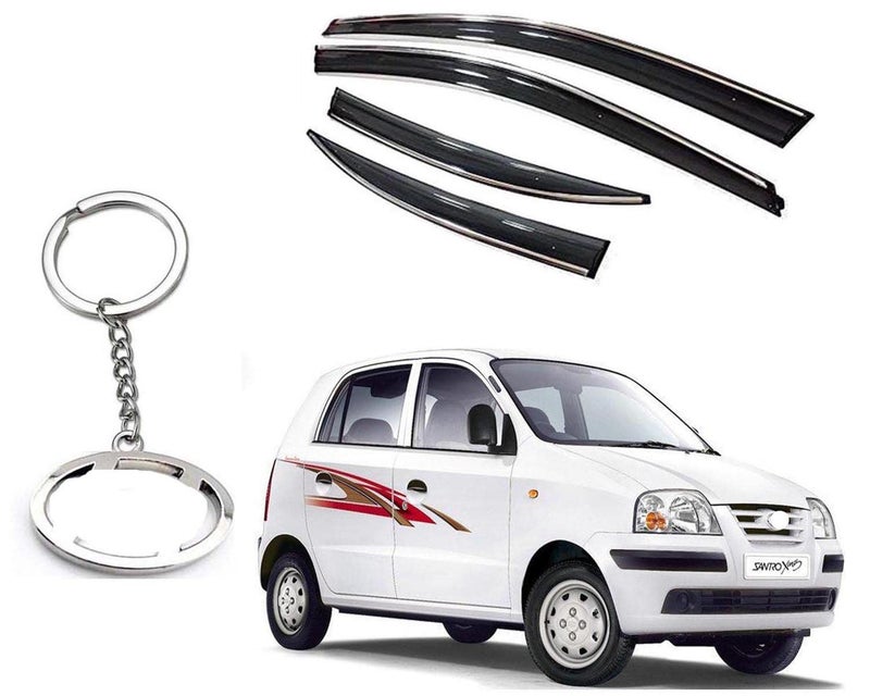 Auto E-Shopping Chromeline Silverline Door Rain Visor Wind Deflector Compatible for Santro Xing Model 2003 Onwards Set of 4 Pieces with Logo Key Chain Ring - Image 1
