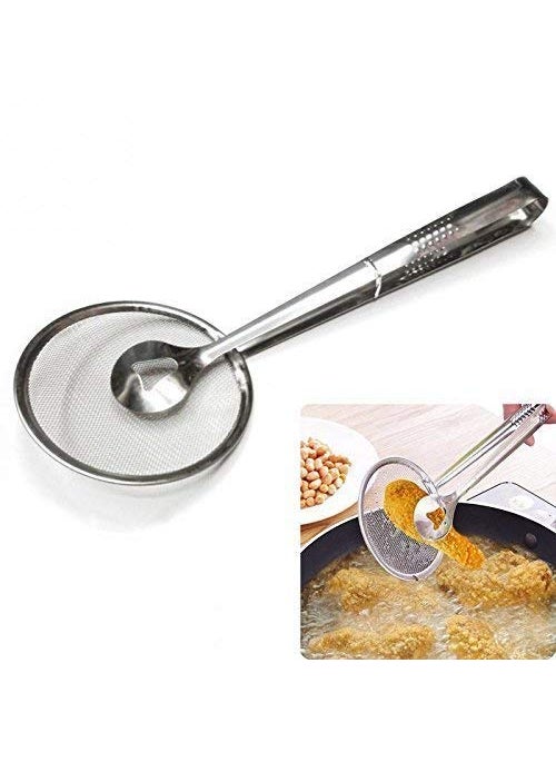 svk dream SVK Dream 1 Pcs Multi-Functional 2 in 1 Fry Tool Filter Spoon Strainer with Clip,Oil Frying BBQ Filter Stainless Steel Mesh Strainer Kitchen Tool  - Image 2