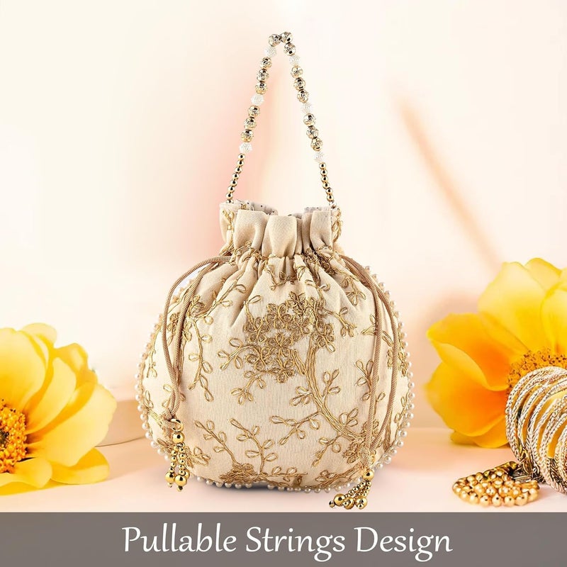 Kuber Industries Pack of 3 Potli Bags for Ladies & Girls | Shagun Pouches for Festive Seasons | Embroidery Bridal Purse -Cream Maroon & Green - Image 2