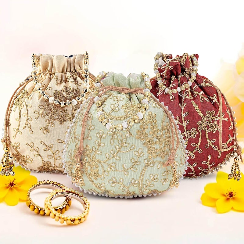 Kuber Industries Pack of 3 Potli Bags for Ladies & Girls | Shagun Pouches for Festive Seasons | Embroidery Bridal Purse -Cream Maroon & Green - Image 1