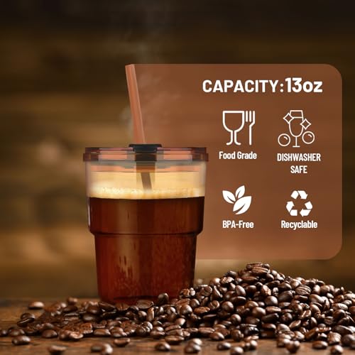 Luxfuel 13oz Tumbler Water Glass Cups with Straw and Lid, 2 Pack Reusable Glass Coffee Tumbler for Iced Tea, Coffee, Sealed Carry-On Travel Cups for Office, Party, Camping & Outdoor Use, Gift, Amber - Image 4
