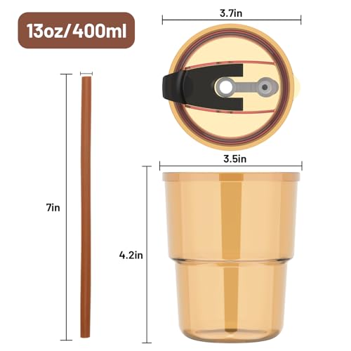 Luxfuel 13oz Tumbler Water Glass Cups with Straw and Lid, 2 Pack Reusable Glass Coffee Tumbler for Iced Tea, Coffee, Sealed Carry-On Travel Cups for Office, Party, Camping & Outdoor Use, Gift, Amber - Image 2