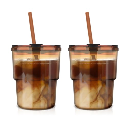 Luxfuel 13oz Tumbler Water Glass Cups with Straw and Lid, 2 Pack Reusable Glass Coffee Tumbler for Iced Tea, Coffee, Sealed Carry-On Travel Cups for Office, Party, Camping & Outdoor Use, Gift, Amber - Image 1