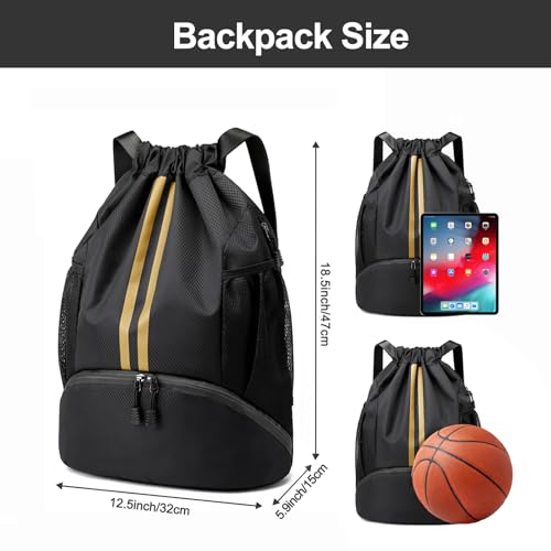 Hoedia Sports Drawstring Backpack - String Swim Gym Bag with Shoes Compartment and Wet Proof Pocket for Women&Men, Black Gold - Image 2