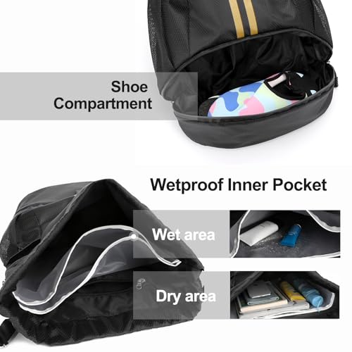 Hoedia Sports Drawstring Backpack - String Swim Gym Bag with Shoes Compartment and Wet Proof Pocket for Women&Men, Black Gold - Image 3
