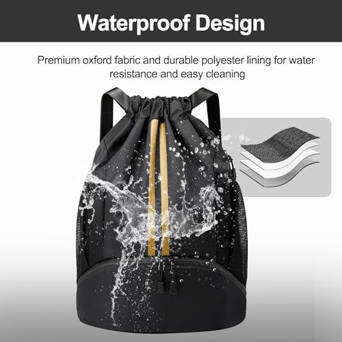 Hoedia Sports Drawstring Backpack - String Swim Gym Bag with Shoes Compartment and Wet Proof Pocket for Women&Men, Black Gold - Image 5