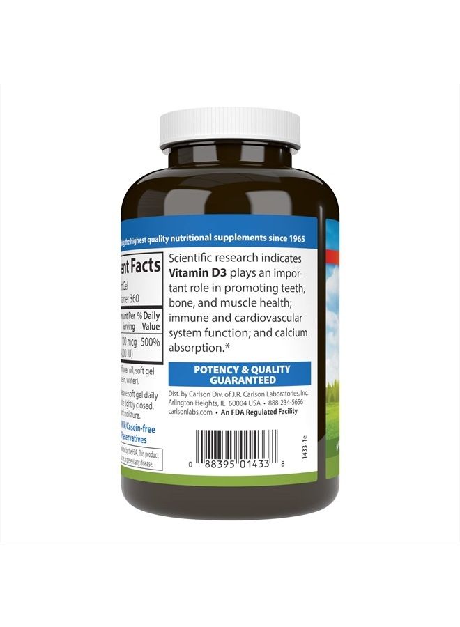 Carlson Vitamin D3 4000 IU (100 mcg), Immune Support, Bone Health, Muscle Health, Cholecalciferol, Vitamin D Supplements, Vitamin D3 Soft Gels, 360 Softgels - Image 3