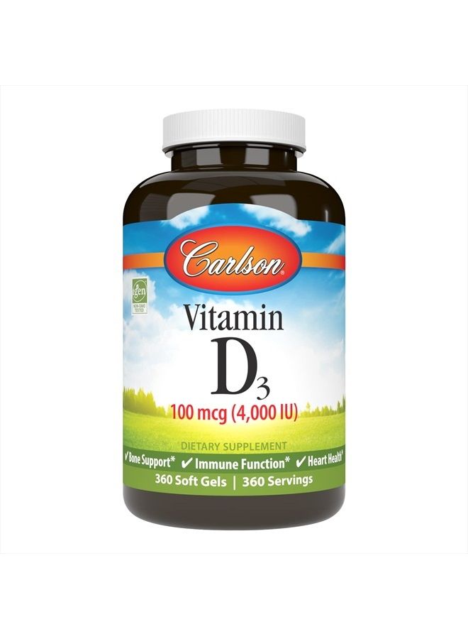 Carlson Vitamin D3 4000 IU (100 mcg), Immune Support, Bone Health, Muscle Health, Cholecalciferol, Vitamin D Supplements, Vitamin D3 Soft Gels, 360 Softgels - Image 1