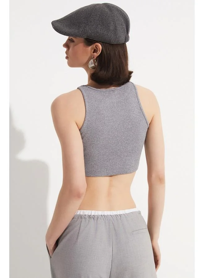 JUNE June Women Fitted Halter Neck Crop Camisole Blouse Grey