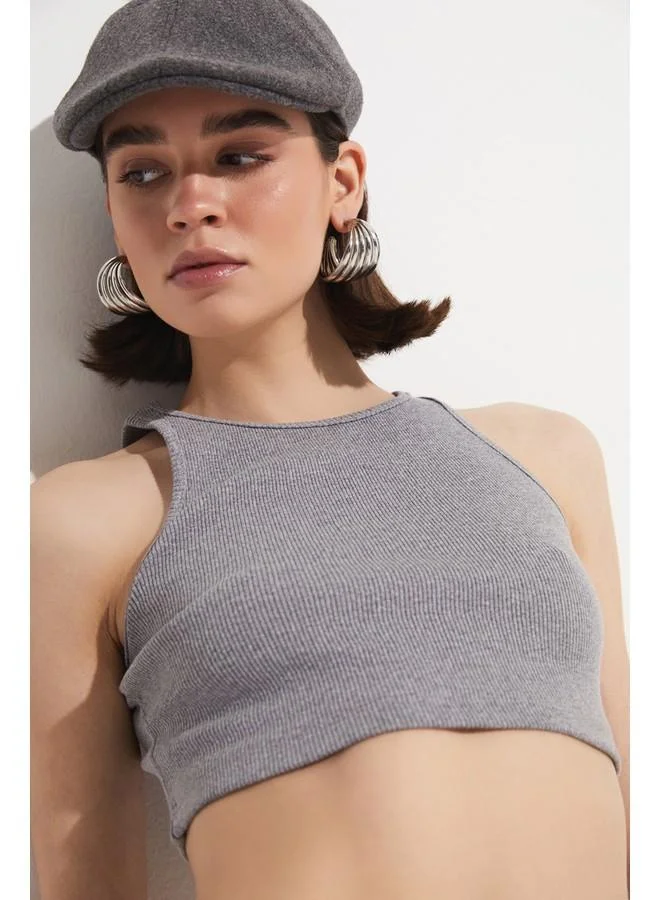 JUNE June Women Fitted Halter Neck Crop Camisole Blouse Grey
