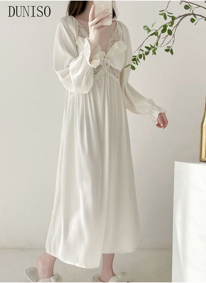 DUNISO - Women's Lace Long Sleeve Nightgown Sweet Silk Pajama Dress Sleepwear Girls Comfortable V Neck Nightwear Summer Home Wear  Lounge Dress - Image 1
