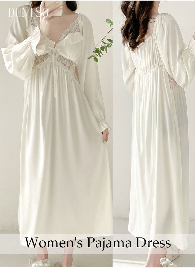 DUNISO - Women's Lace Long Sleeve Nightgown Sweet Silk Pajama Dress Sleepwear Girls Comfortable V Neck Nightwear Summer Home Wear  Lounge Dress - Image 1
