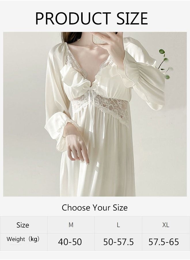 DUNISO - Women's Lace Long Sleeve Nightgown Sweet Silk Pajama Dress Sleepwear Girls Comfortable V Neck Nightwear Summer Home Wear  Lounge Dress - Image 1