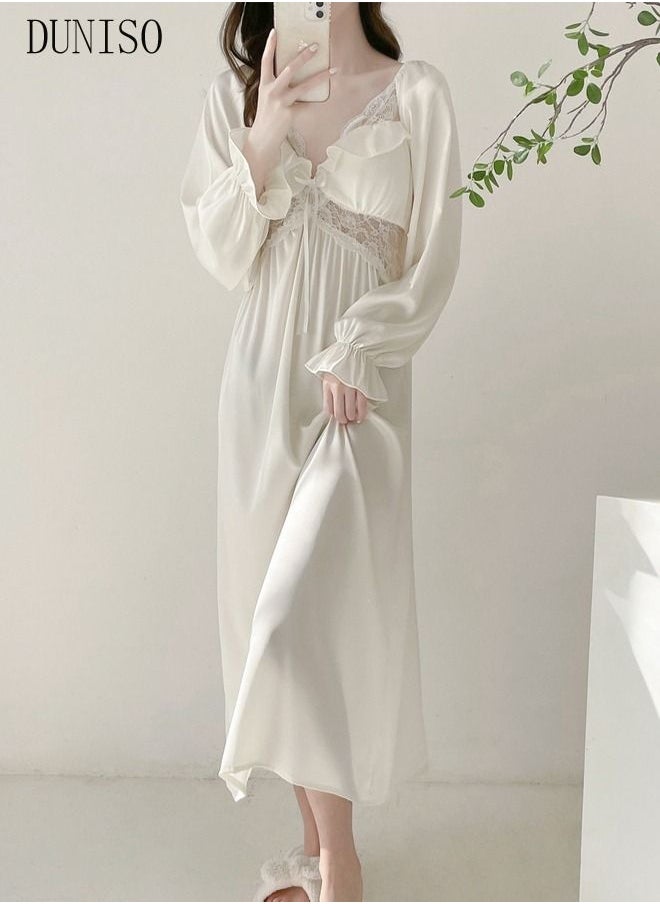 DUNISO - Women's Lace Long Sleeve Nightgown Sweet Silk Pajama Dress Sleepwear Girls Comfortable V Neck Nightwear Summer Home Wear  Lounge Dress - Image 1