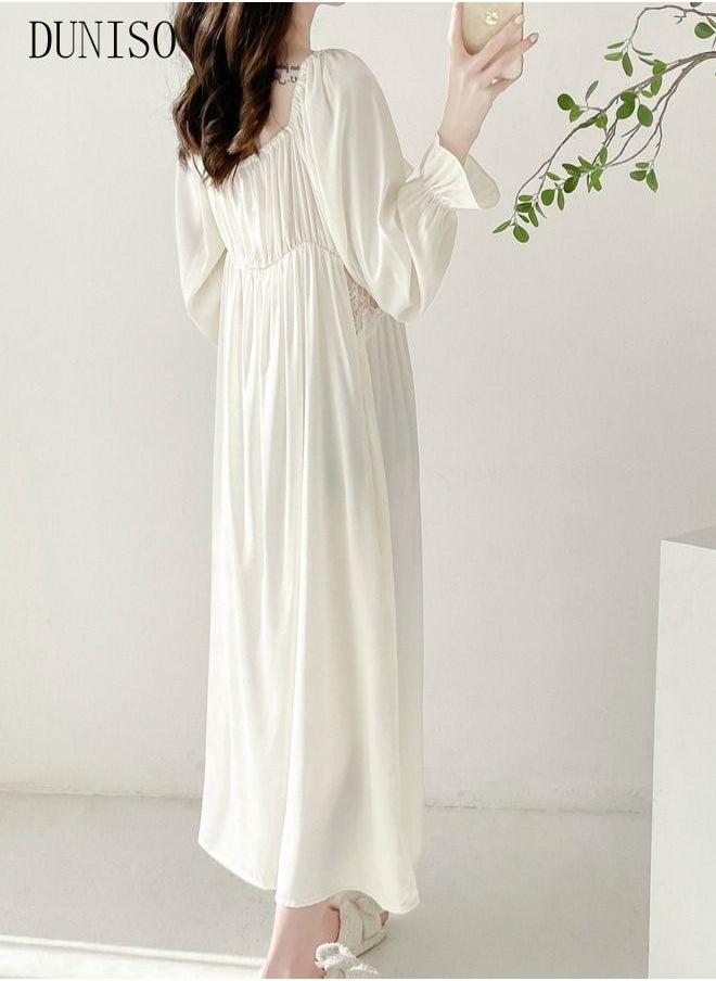 DUNISO - Women's Lace Long Sleeve Nightgown Sweet Silk Pajama Dress Sleepwear Girls Comfortable V Neck Nightwear Summer Home Wear  Lounge Dress - Image 1