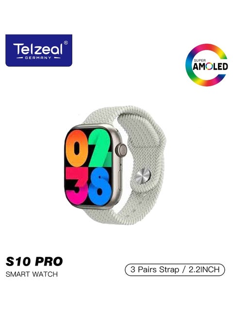 S10 Pro AMOLED Display Smart Watch with 3 Pair Strap With Wireless Charger Silver