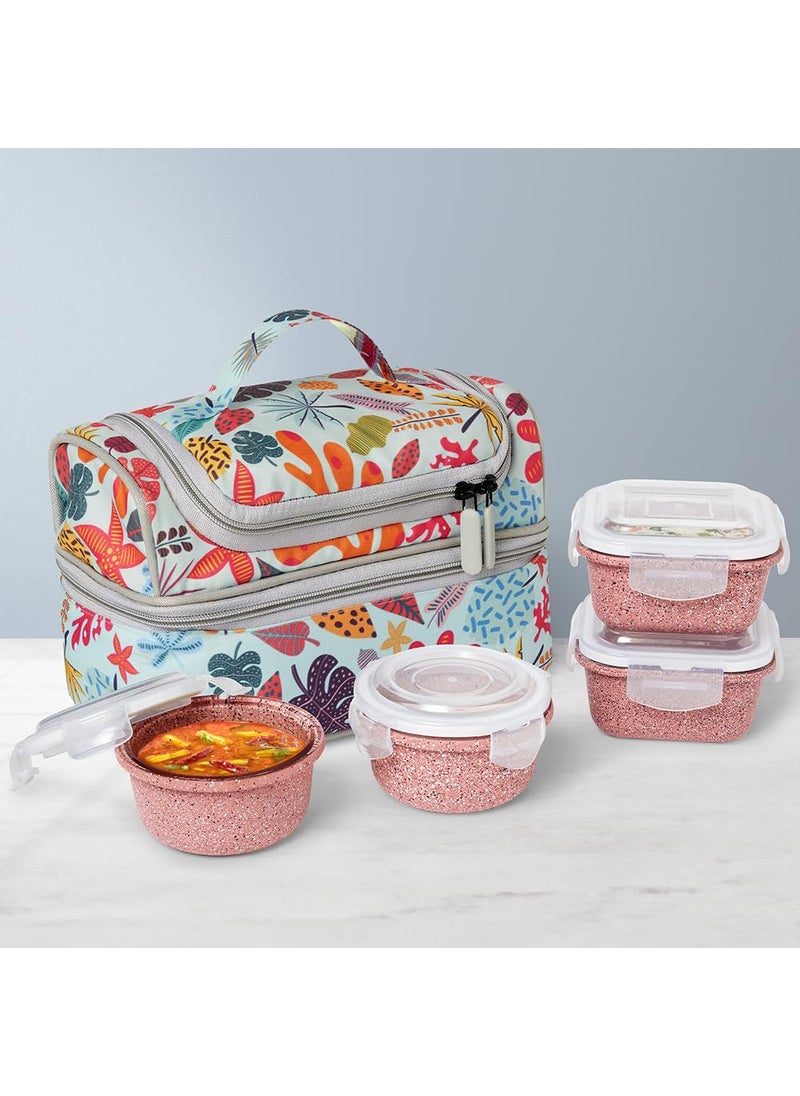 BOROSIL Borosil Bloom Pink Universal Borosilicate Glass Lunchbox with Bag Set of 4 320ml x 2 Square 240ml x 2 Round Microwave Dishwasher Safe Leakproof Tiffin for Office School Transparent  - Image 1