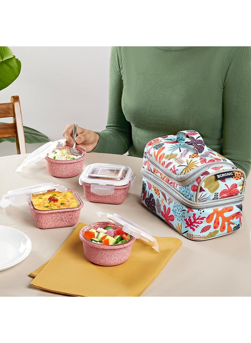 BOROSIL Borosil Bloom Pink Universal Borosilicate Glass Lunchbox with Bag Set of 4 320ml x 2 Square 240ml x 2 Round Microwave Dishwasher Safe Leakproof Tiffin for Office School Transparent  - Image 5