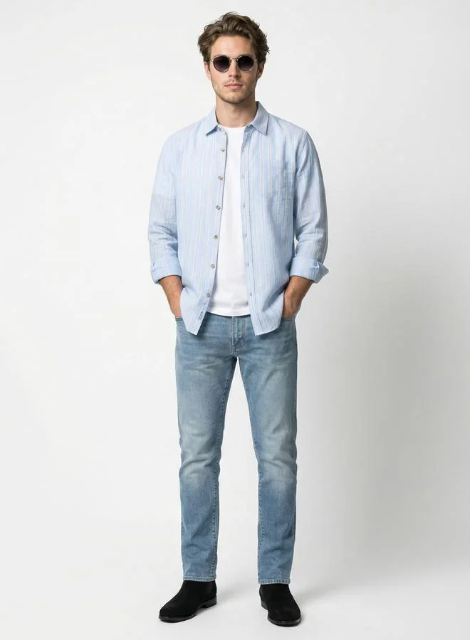 Take Two Men Light Blue Striped Linen Shirt By SNX