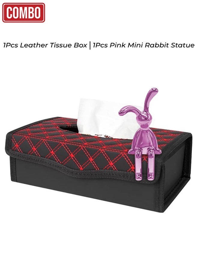 حامل مناديل ورقية جلدي مع مجسم أرنب صغير وردي - ديكور للسيارة والمنزل والمكتب، مزود بإغلاق مغناطيسي، طقم منظم متين من جلد البولي يوريثين. - Image 1