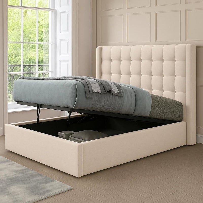R2R FURNITURE سرير بريكستون المخملية سوبر كينغ مع تخزين ورفع غاز، 200x200 سم، بيج - Image 1