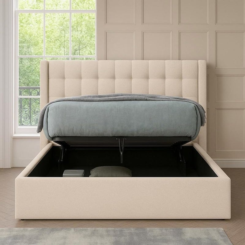 R2R FURNITURE سرير بريكستون المخملية سوبر كينغ مع تخزين ورفع غاز، 200x200 سم، بيج - Image 2