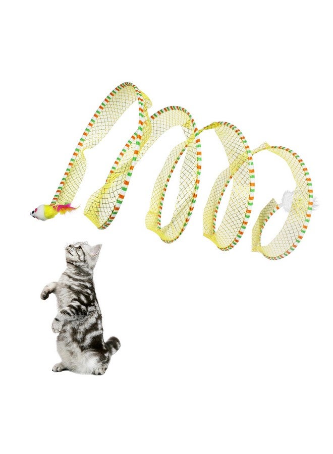 Andiker Cat Tunnel Toy, 10inch Collapsible Metal Cat Spring Toy with Nylon Mesh, Feather, Mouse, and Bell, Interactive Cat Toys for Indoor Cats to Scratch, Puzzle, Relax and Kill Time (Yellow) - Image 1