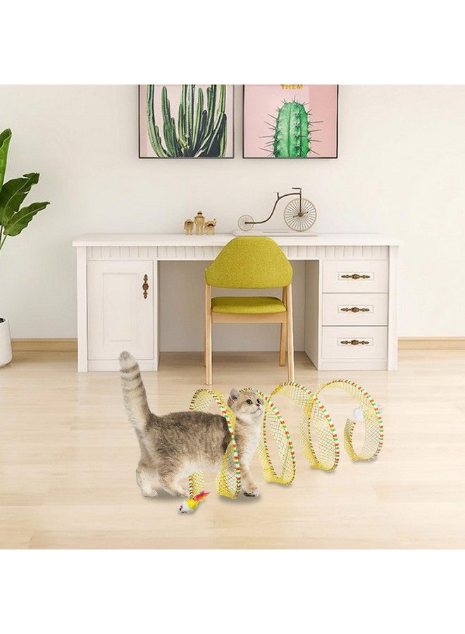 Andiker Cat Tunnel Toy, 10inch Collapsible Metal Cat Spring Toy with Nylon Mesh, Feather, Mouse, and Bell, Interactive Cat Toys for Indoor Cats to Scratch, Puzzle, Relax and Kill Time (Yellow) - Image 5