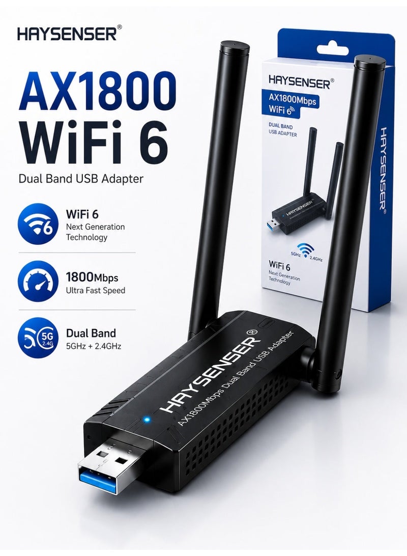 Haysenser AX1800Mbps WiFi 6 USB Adapter Dual Band 2.4GHz & 5GHz, High Gain Dual Antenna, MU-MIMO, USB 3.0 High Speed Wireless Dongle for PC & Laptop – Plug & Play, Driver Free - Image 1