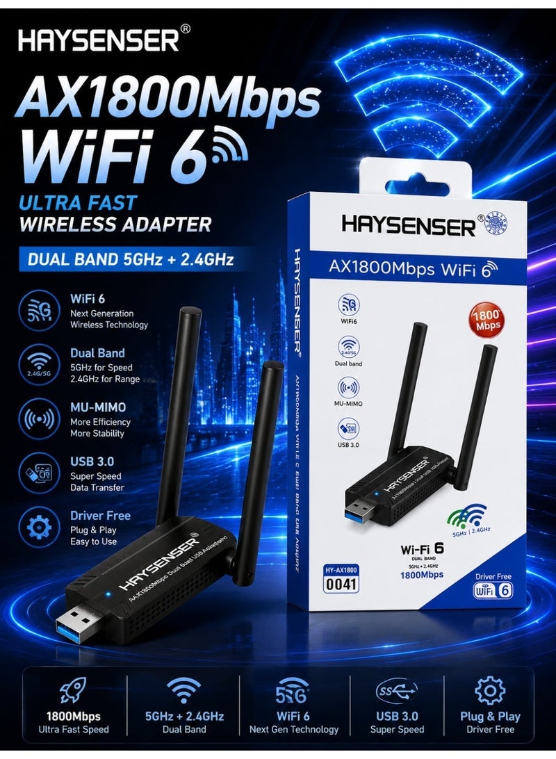 Haysenser AX1800Mbps WiFi 6 USB Adapter Dual Band 2.4GHz & 5GHz, High Gain Dual Antenna, MU-MIMO, USB 3.0 High Speed Wireless Dongle for PC & Laptop – Plug & Play, Driver Free - Image 2
