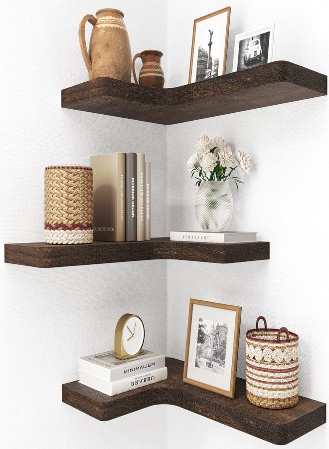fuqing Set of 3 Floating Corner Shelves, Solid Wood Wall Shelves for Bathroom, Bedroom, Kitchen, Garage - Rustic Brown - Image 1