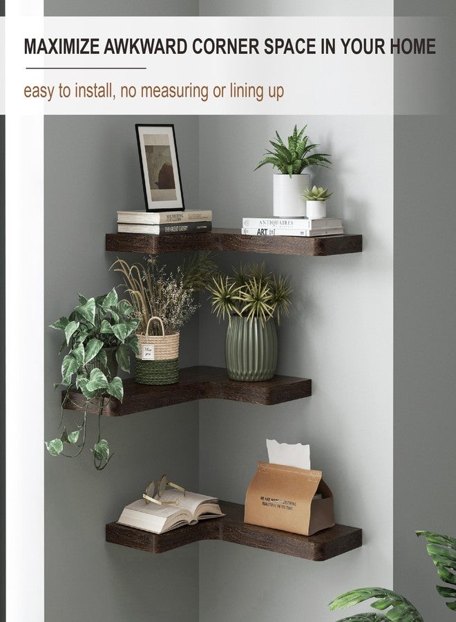 fuqing Set of 3 Floating Corner Shelves, Solid Wood Wall Shelves for Bathroom, Bedroom, Kitchen, Garage - Rustic Brown - Image 5