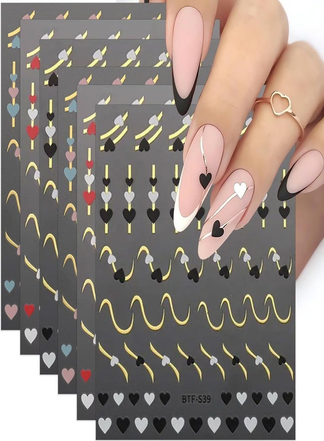 Valentines Nail Stickers Heart Nail Stickers Metallic Gold Line Red White Blue Black Heart Design Valentine's Day Nail Decals Adhesive Sliders Heart Stickers for Women Girls Nail Art Decorations 6PCS - Image 1