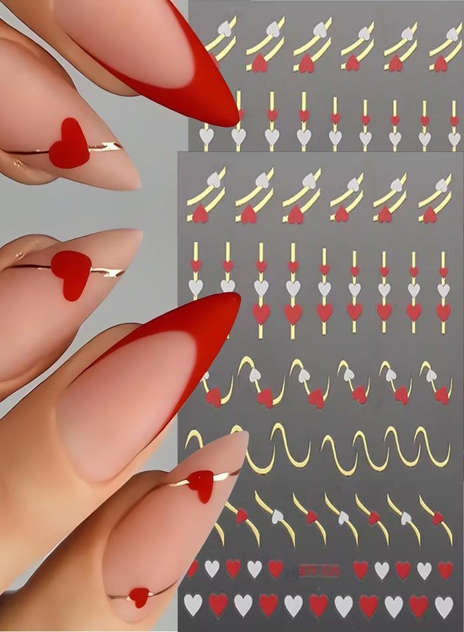 Valentines Nail Stickers Heart Nail Stickers Metallic Gold Line Red White Blue Black Heart Design Valentine's Day Nail Decals Adhesive Sliders Heart Stickers for Women Girls Nail Art Decorations 6PCS - Image 2