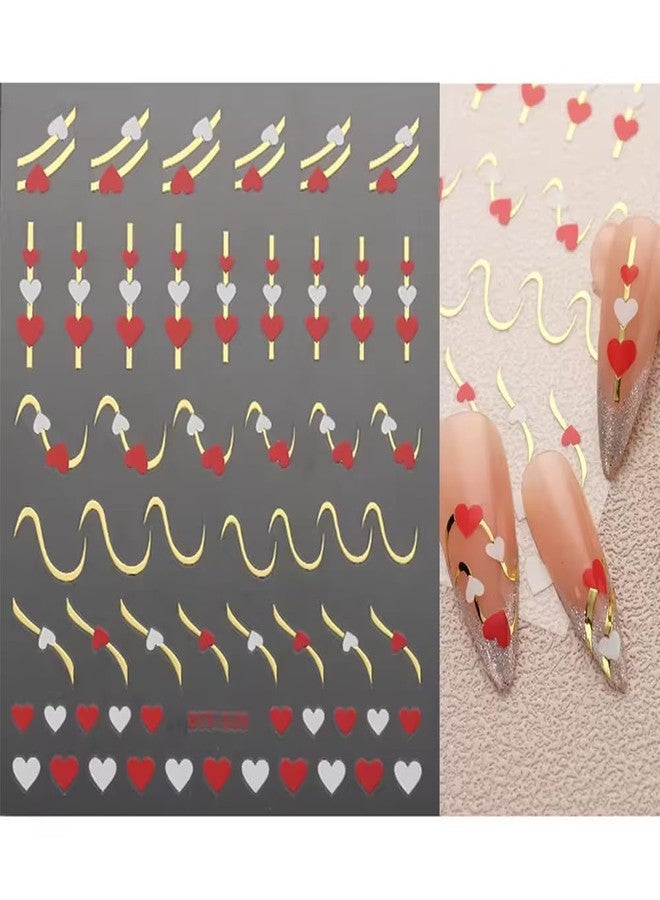 Valentines Nail Stickers Heart Nail Stickers Metallic Gold Line Red White Blue Black Heart Design Valentine's Day Nail Decals Adhesive Sliders Heart Stickers for Women Girls Nail Art Decorations 6PCS - Image 4