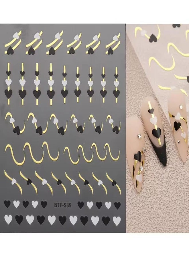 Valentines Nail Stickers Heart Nail Stickers Metallic Gold Line Red White Blue Black Heart Design Valentine's Day Nail Decals Adhesive Sliders Heart Stickers for Women Girls Nail Art Decorations 6PCS - Image 5