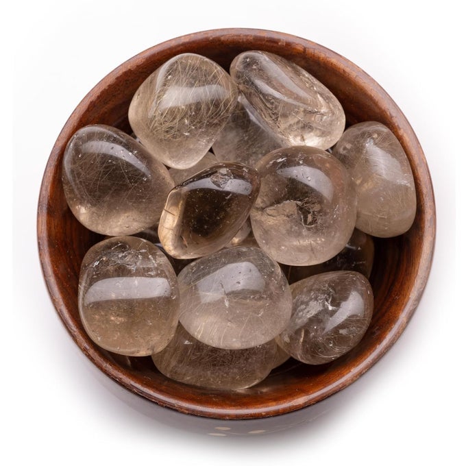 INDIAN SMOKEY SMOKY QUARTZ TUMBLES STONE PEBBLES TUMBLED HEALING CRYSTAL METAPHYSICAL HEALING CHAKRA STONE 300GRAMS WOODEN BOWL