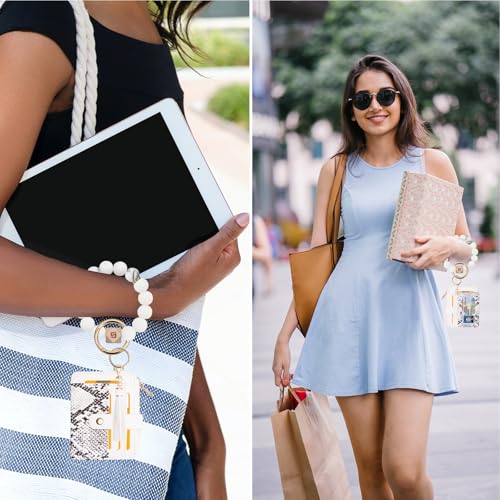 COOLANS Wristlet Bracelet Keychain Pocket Credit Card Holder Purse Tassel Keychain Bangle Key Ring for Women (Silicone Bead Bracelet+Card Purse (Snakeskin white)) - Image 3