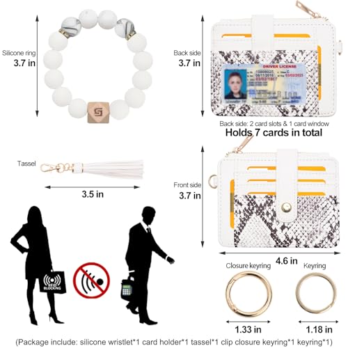 COOLANS Wristlet Bracelet Keychain Pocket Credit Card Holder Purse Tassel Keychain Bangle Key Ring for Women (Silicone Bead Bracelet+Card Purse (Snakeskin white)) - Image 2