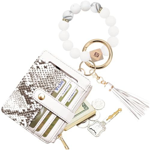 COOLANS Wristlet Bracelet Keychain Pocket Credit Card Holder Purse Tassel Keychain Bangle Key Ring for Women (Silicone Bead Bracelet+Card Purse (Snakeskin white)) - Image 1