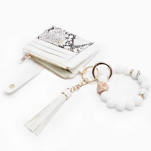 COOLANS Wristlet Bracelet Keychain Pocket Credit Card Holder Purse Tassel Keychain Bangle Key Ring for Women (Silicone Bead Bracelet+Card Purse (Snakeskin white)) - Image 4