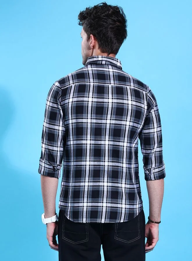 شركة المرآب الهندية Men Regular Fit Checkered Full Sleeves Cutaway Collar Double Flap Pocket Street Wear Over Shirt